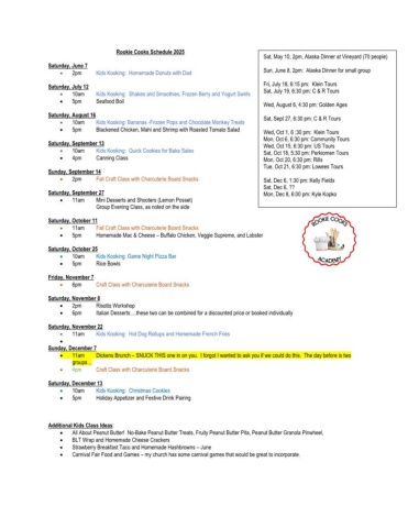 Rookie Cooks Schedule, June-December 2025